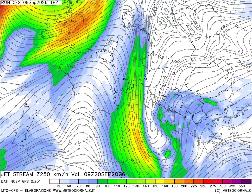 mappa 250 hPa Jet stream