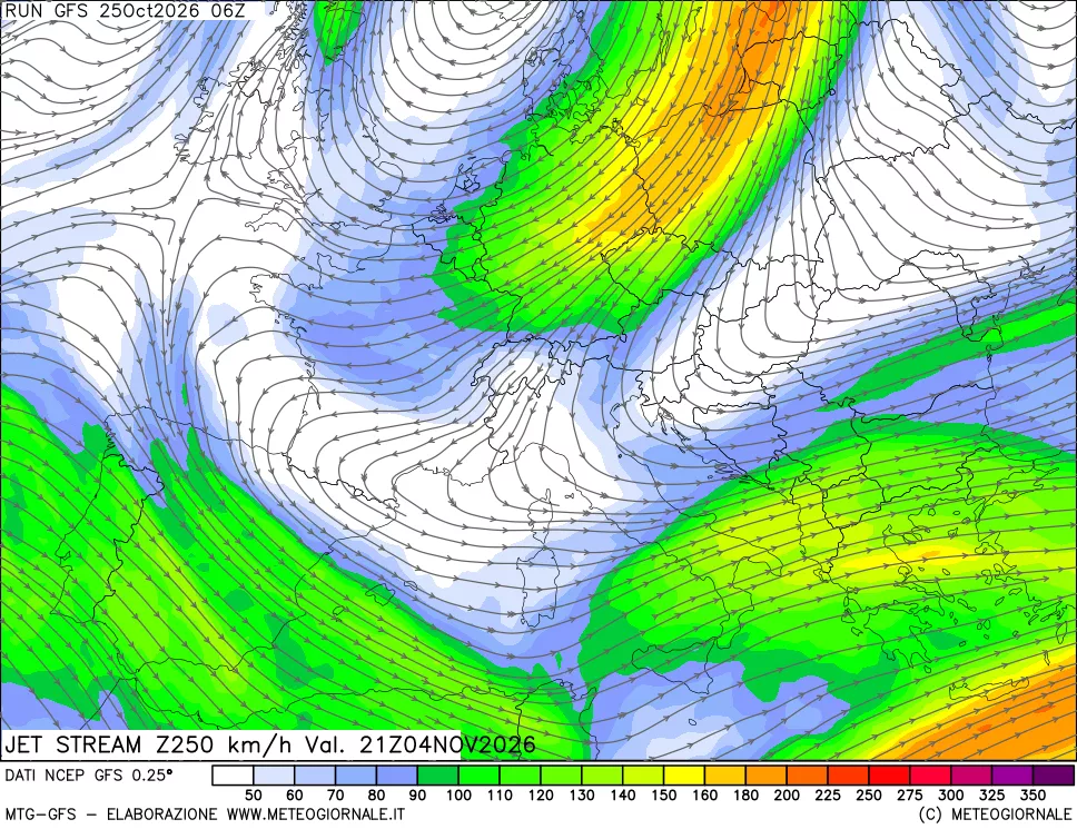 mappa 250 hPa Jet stream