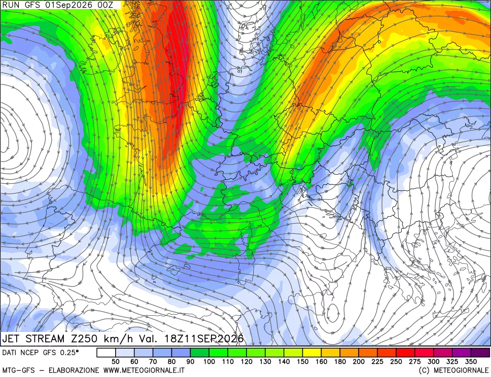 mappa 250 hPa Jet stream