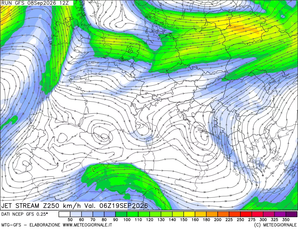 mappa 250 hPa Jet stream
