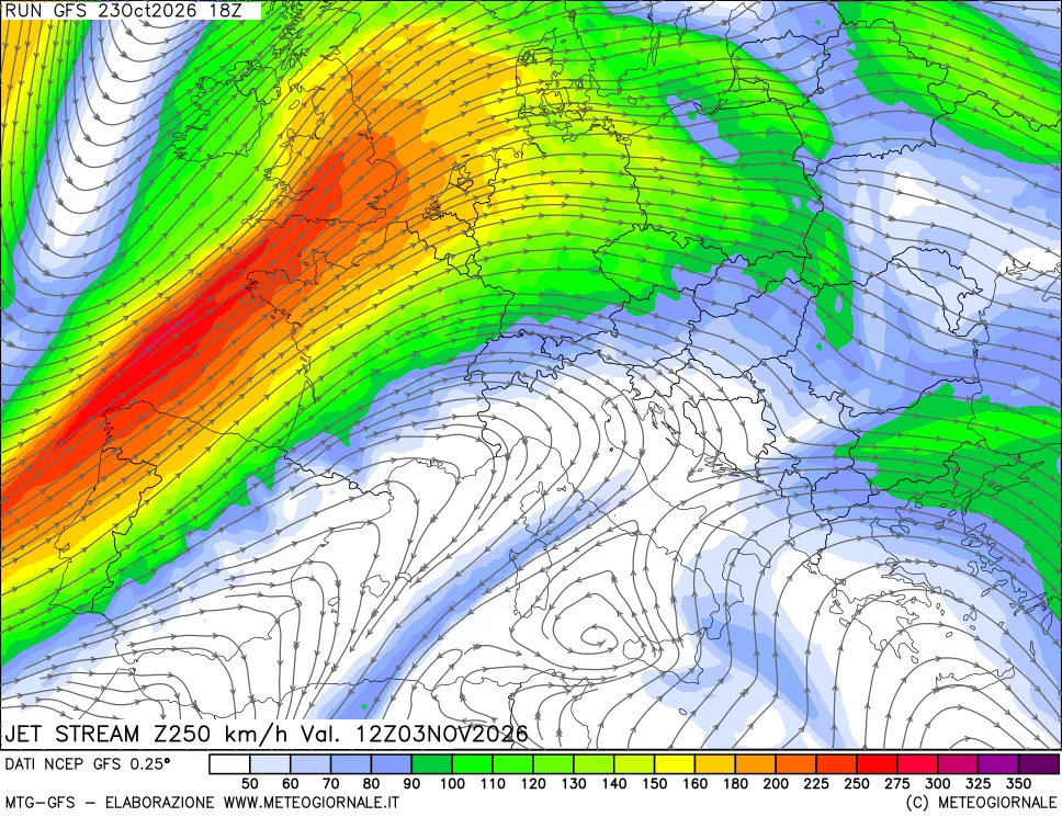 mappa 250 hPa Jet stream
