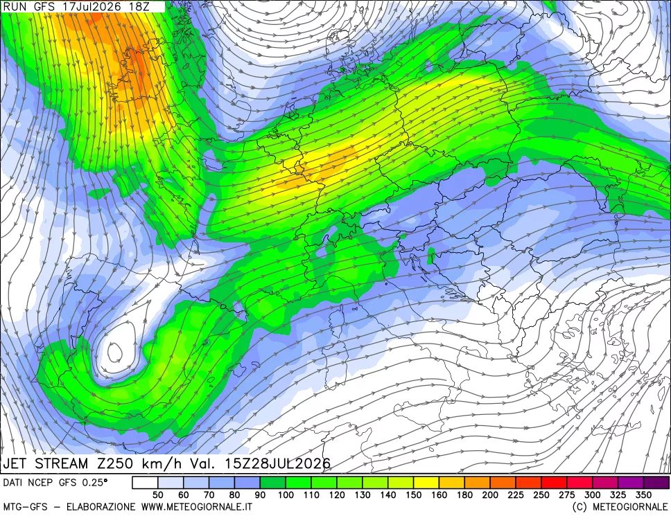 mappa 250 hPa Jet stream