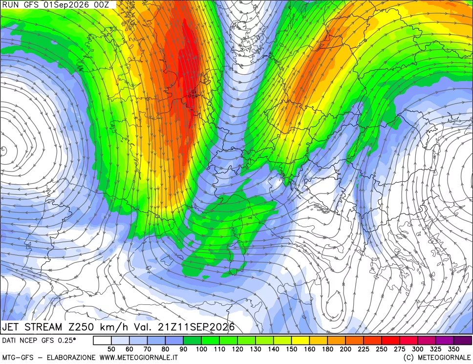 mappa 250 hPa Jet stream