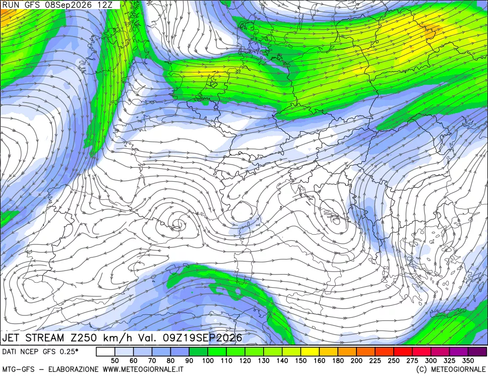mappa 250 hPa Jet stream