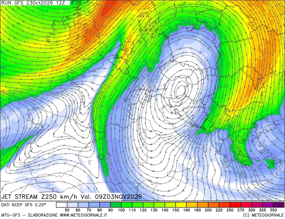 mappa 250 hPa Jet stream