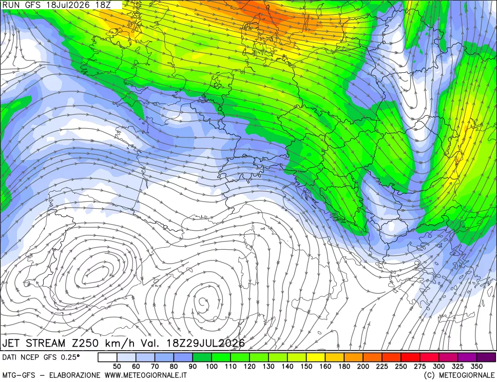 mappa 250 hPa Jet stream