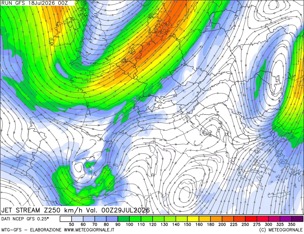 mappa 250 hPa Jet stream