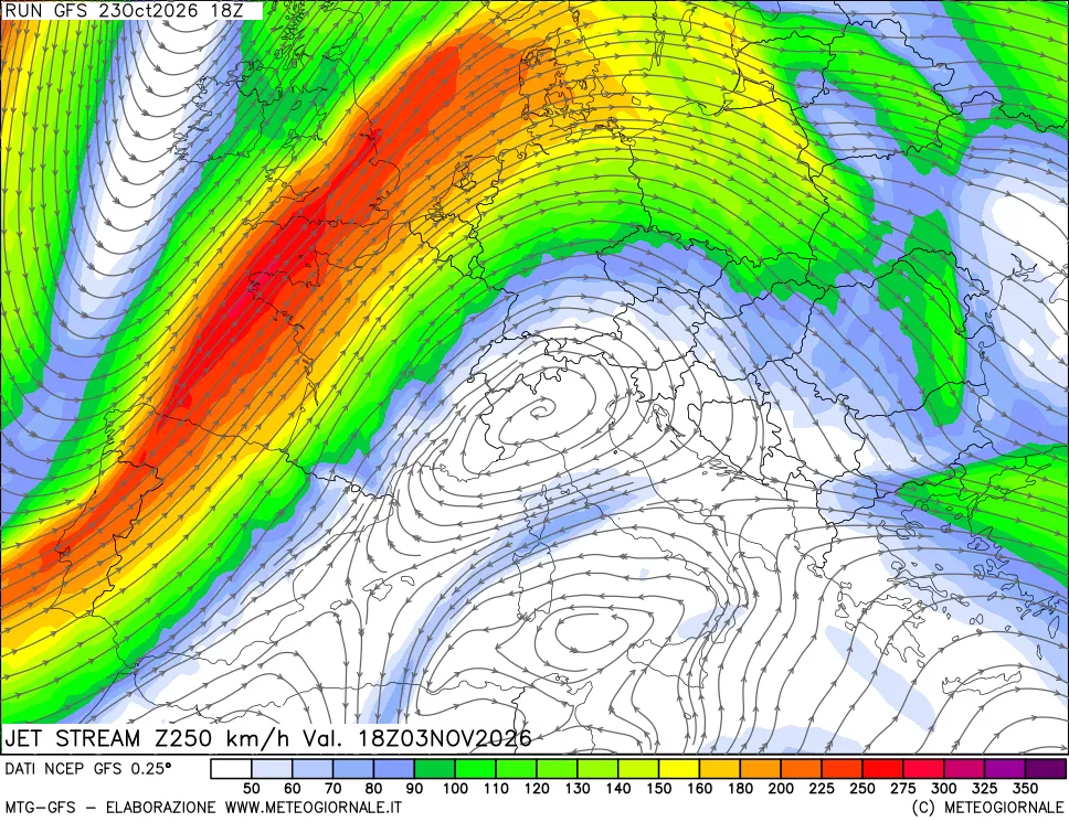 mappa 250 hPa Jet stream