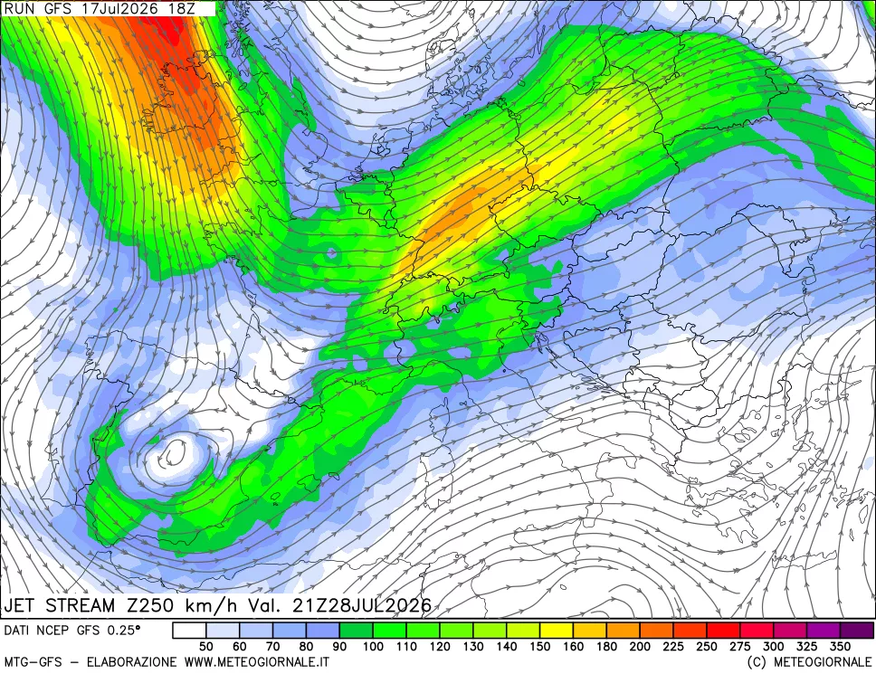 mappa 250 hPa Jet stream