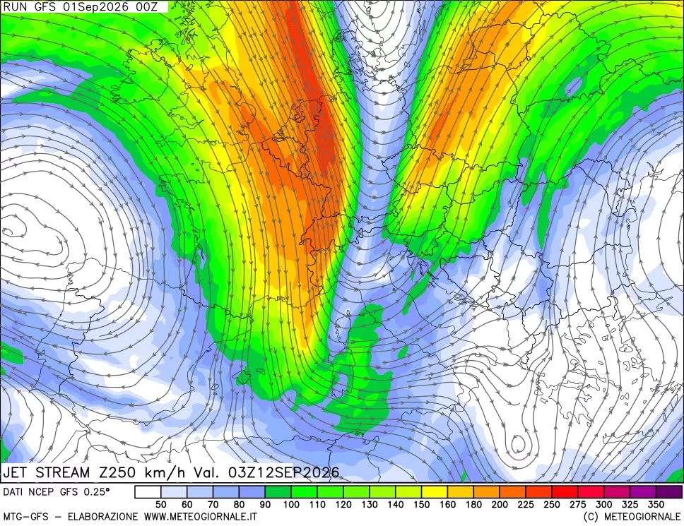 mappa 250 hPa Jet stream