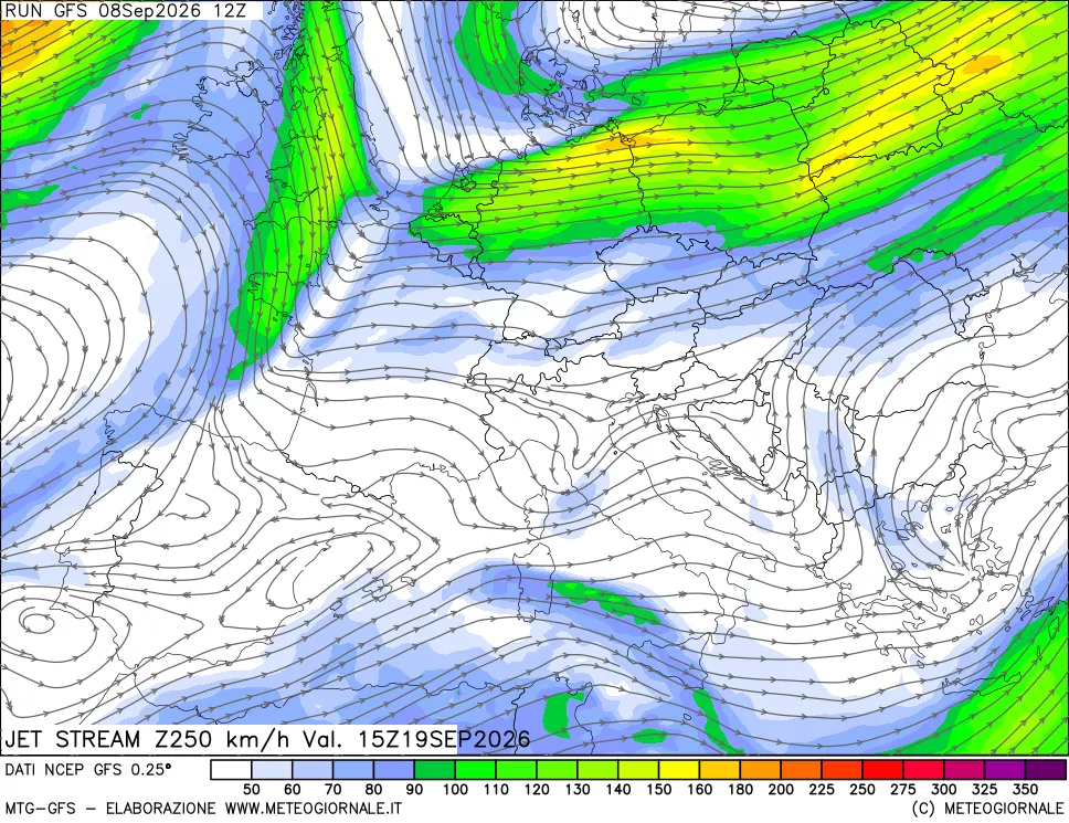 mappa 250 hPa Jet stream