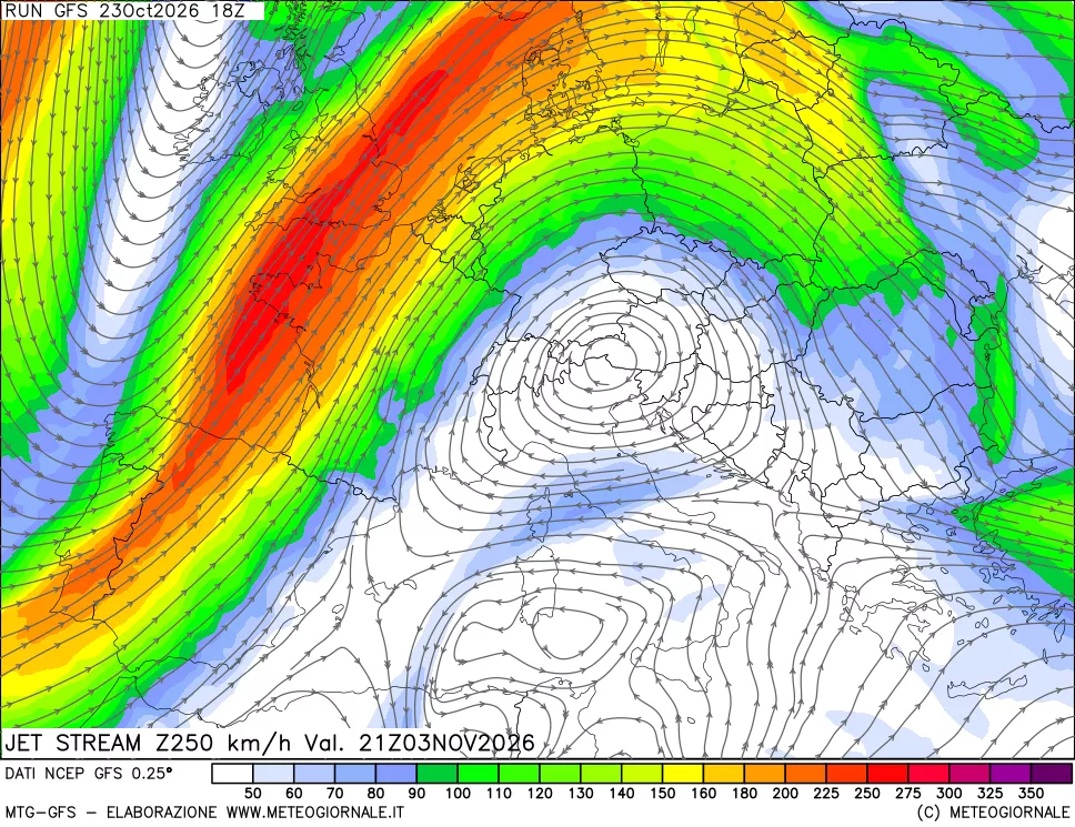 mappa 250 hPa Jet stream