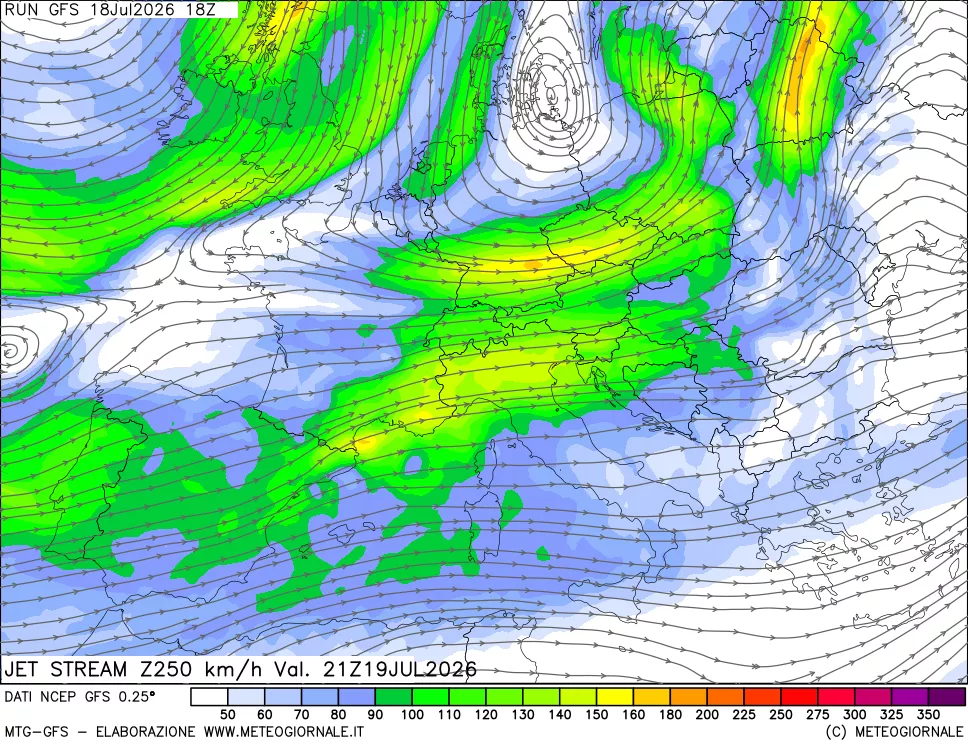 mappa 250 hPa Jet stream