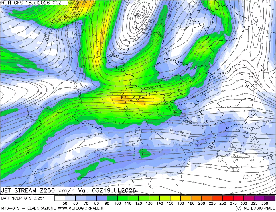 mappa 250 hPa Jet stream