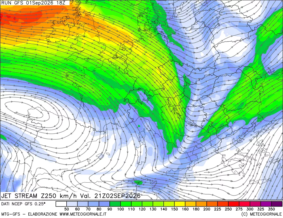 mappa 250 hPa Jet stream