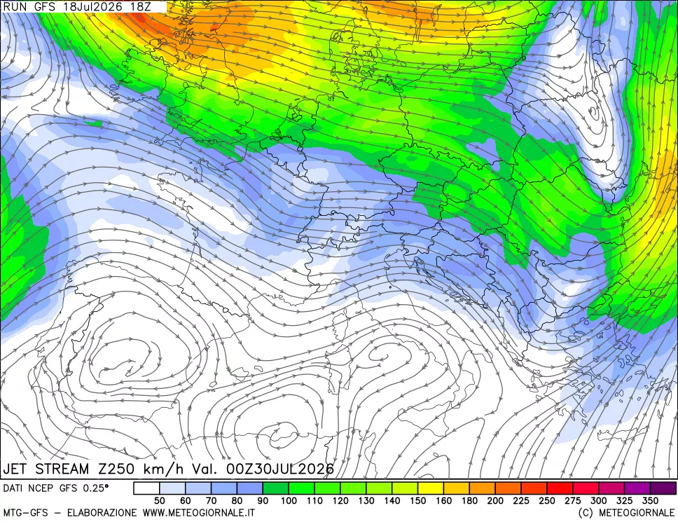 mappa 250 hPa Jet stream