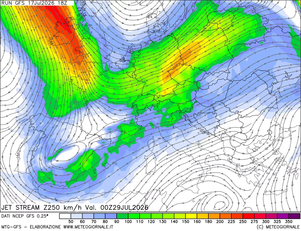mappa 250 hPa Jet stream