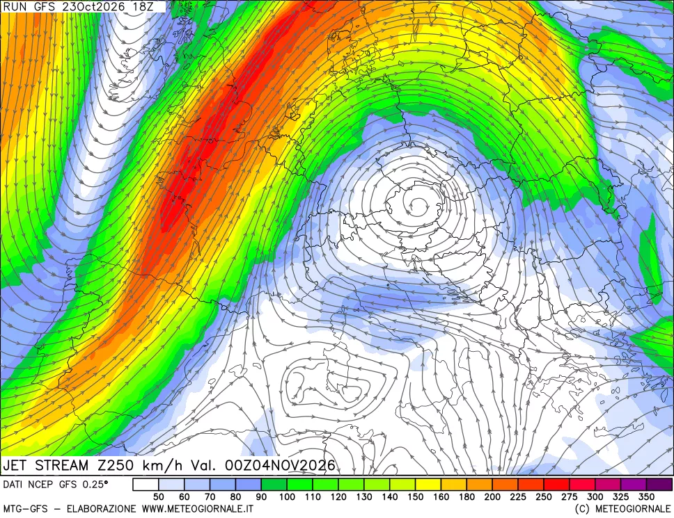 mappa 250 hPa Jet stream