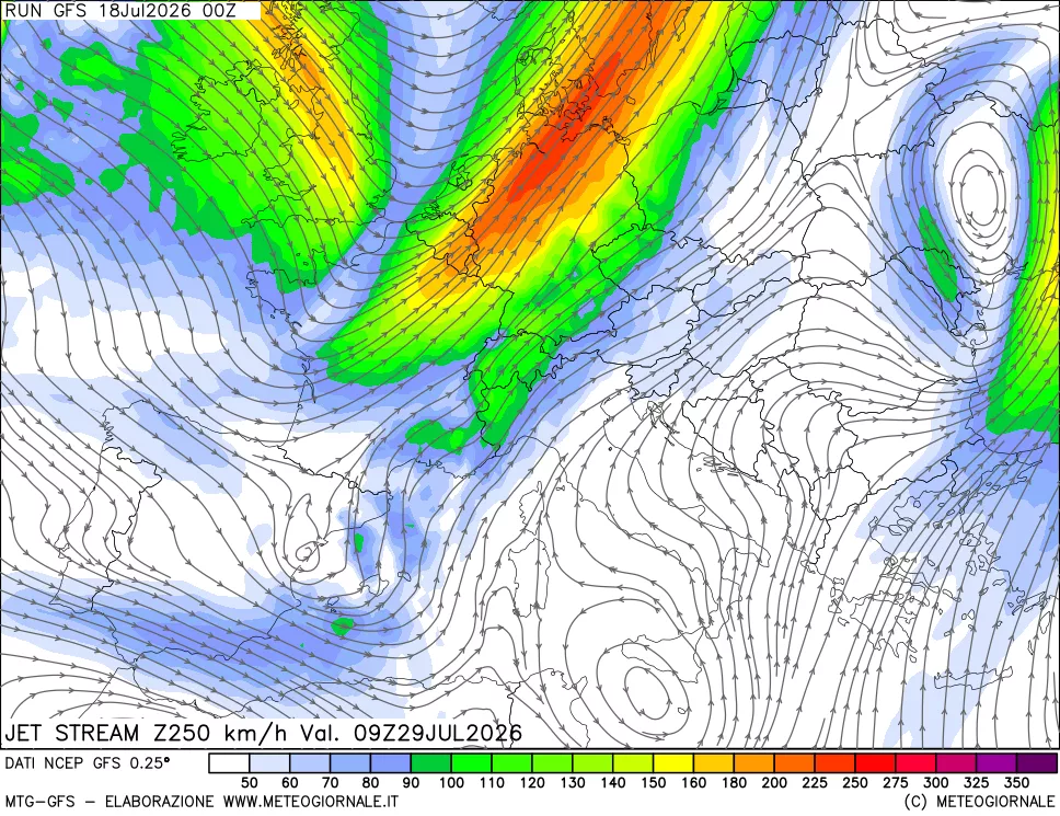 mappa 250 hPa Jet stream