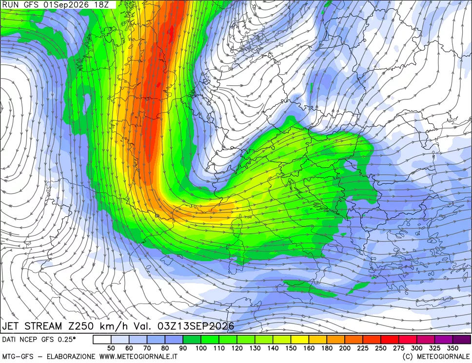 mappa 250 hPa Jet stream