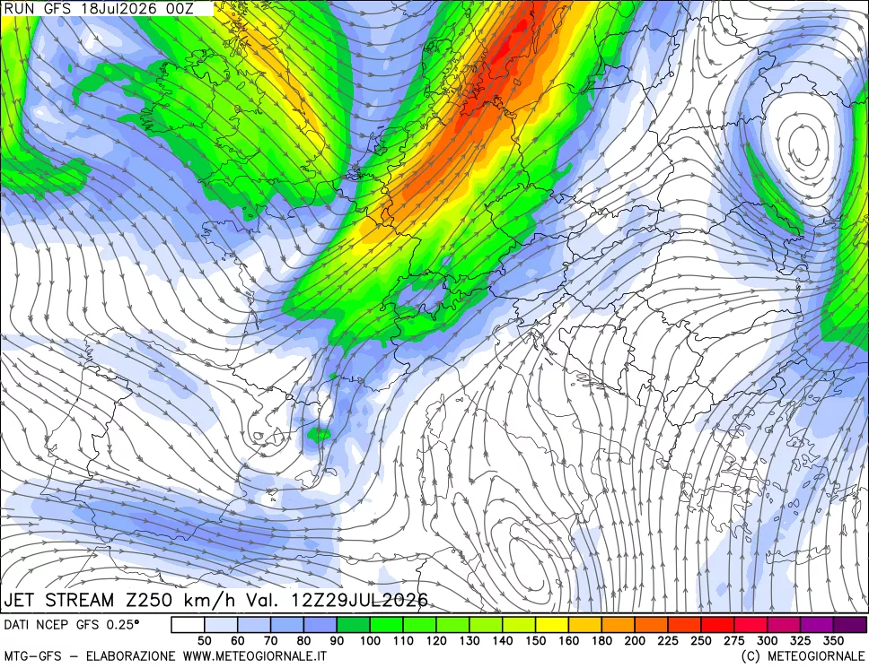 mappa 250 hPa Jet stream