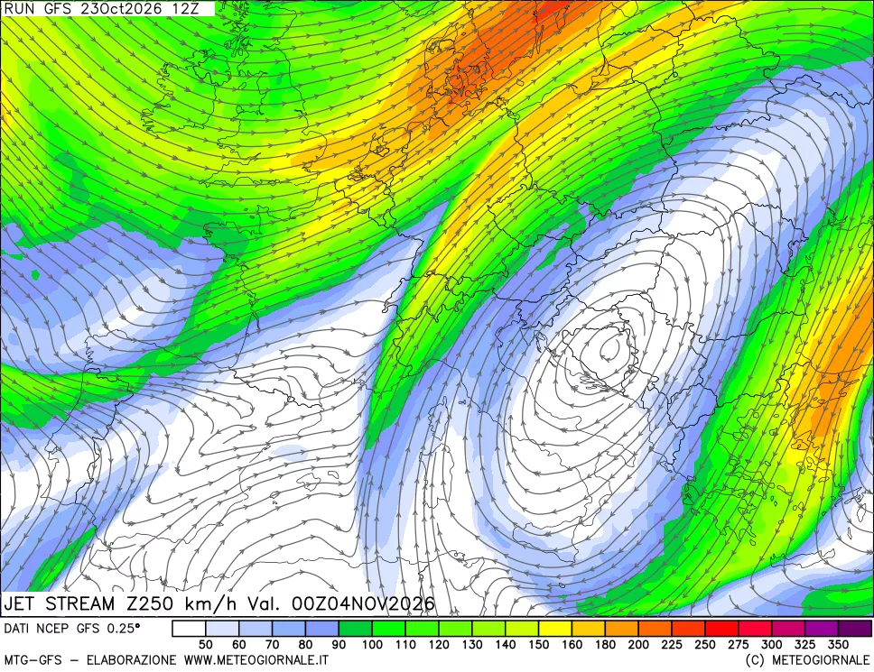 mappa 250 hPa Jet stream