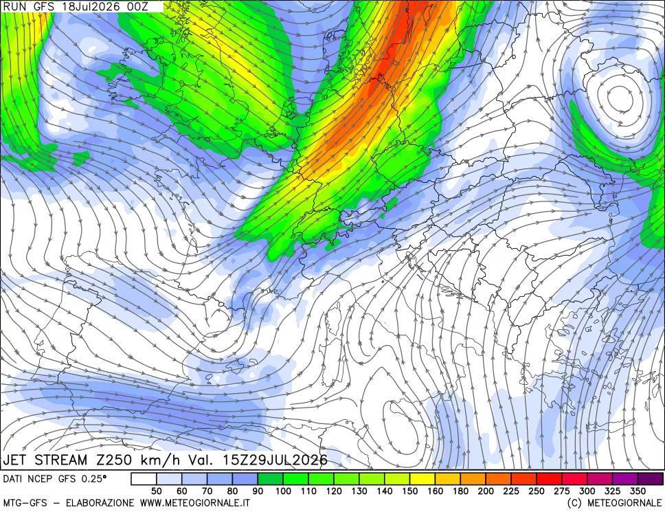 mappa 250 hPa Jet stream