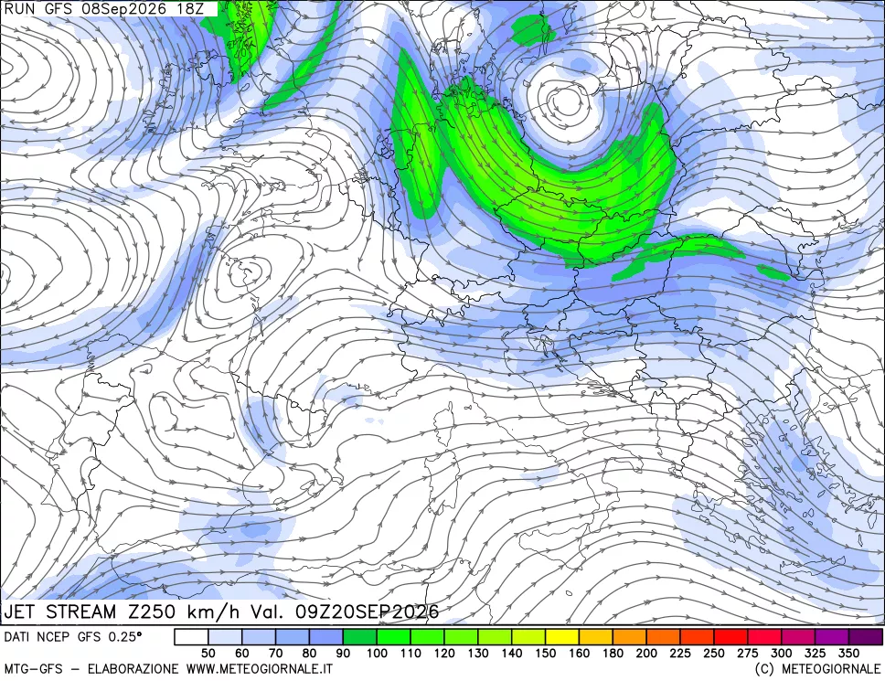 mappa 250 hPa Jet stream