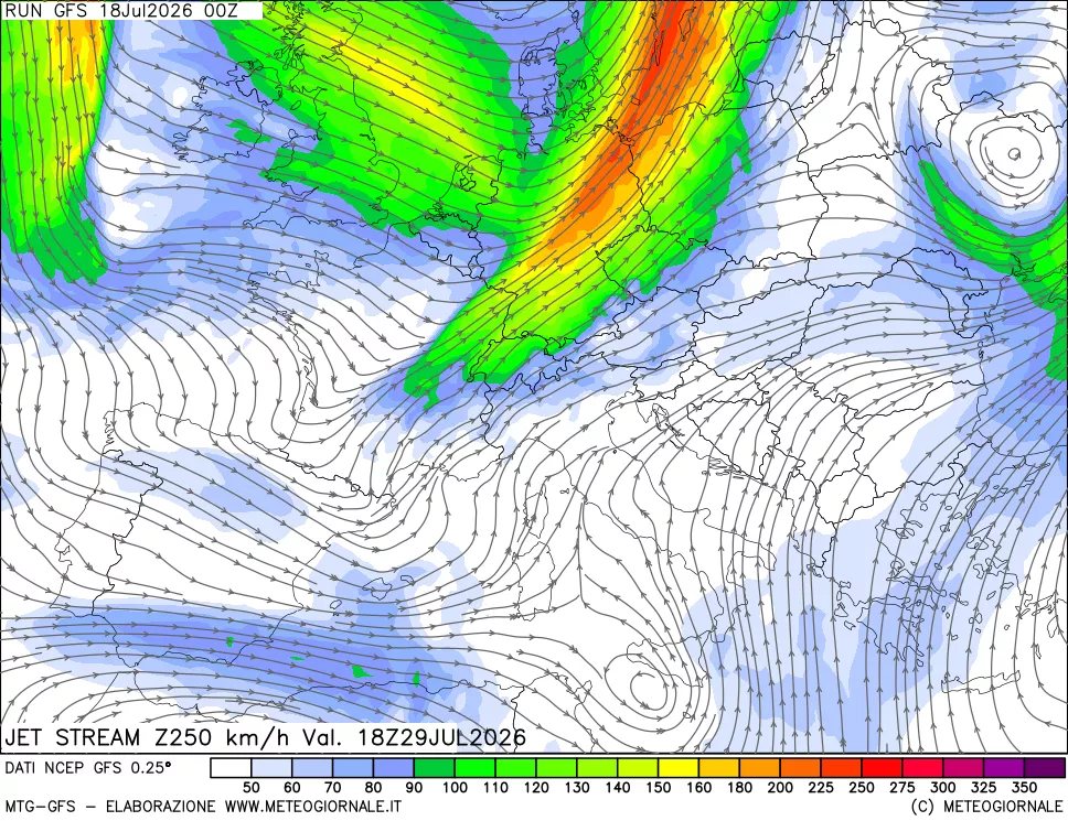 mappa 250 hPa Jet stream