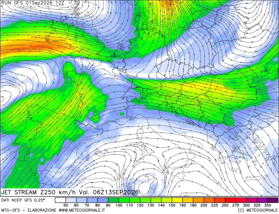 mappa 250 hPa Jet stream