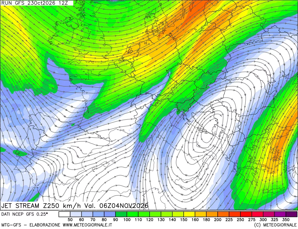 mappa 250 hPa Jet stream