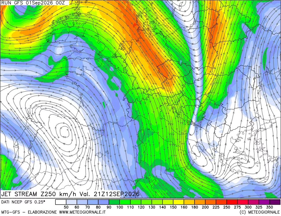 mappa 250 hPa Jet stream