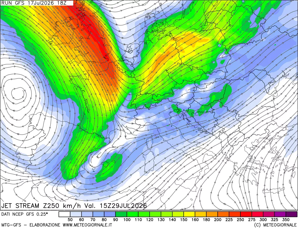 mappa 250 hPa Jet stream