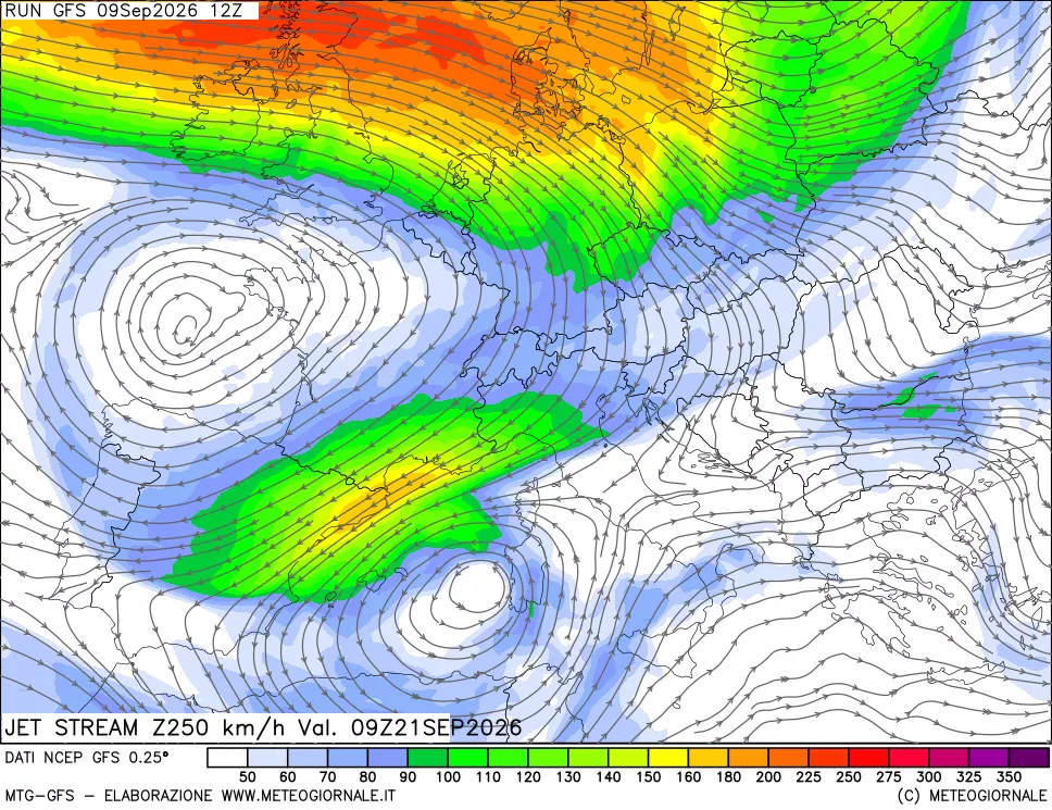 mappa 250 hPa Jet stream