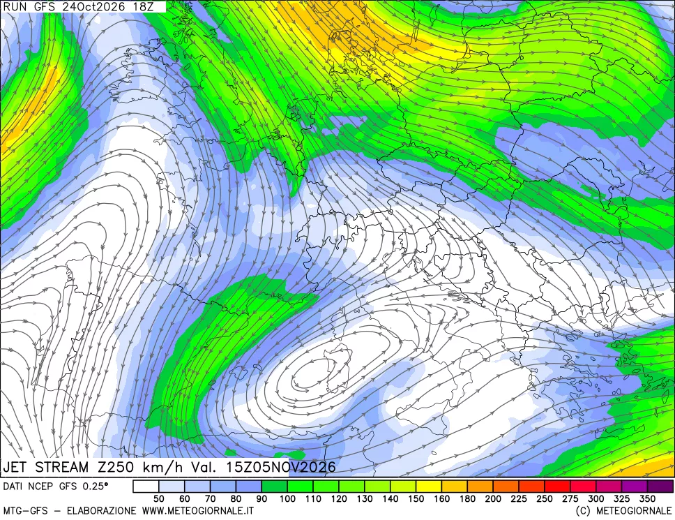 mappa 250 hPa Jet stream