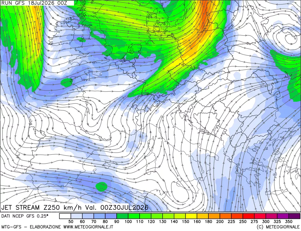 mappa 250 hPa Jet stream