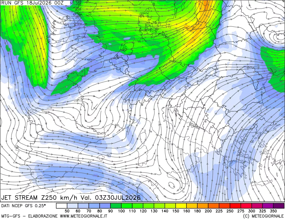 mappa 250 hPa Jet stream