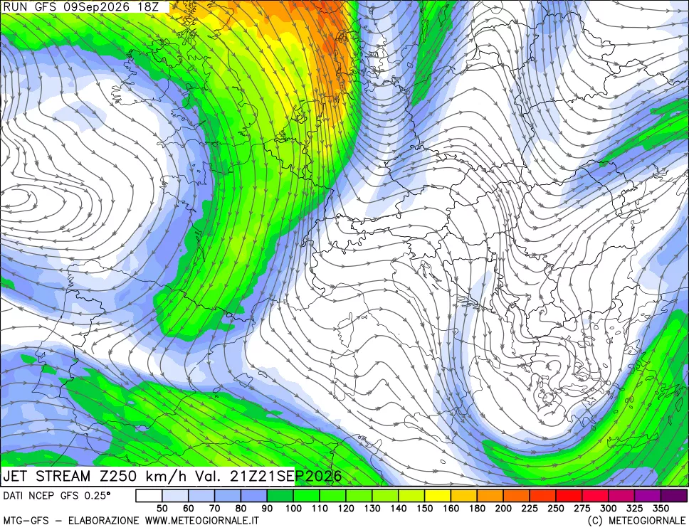 mappa 250 hPa Jet stream
