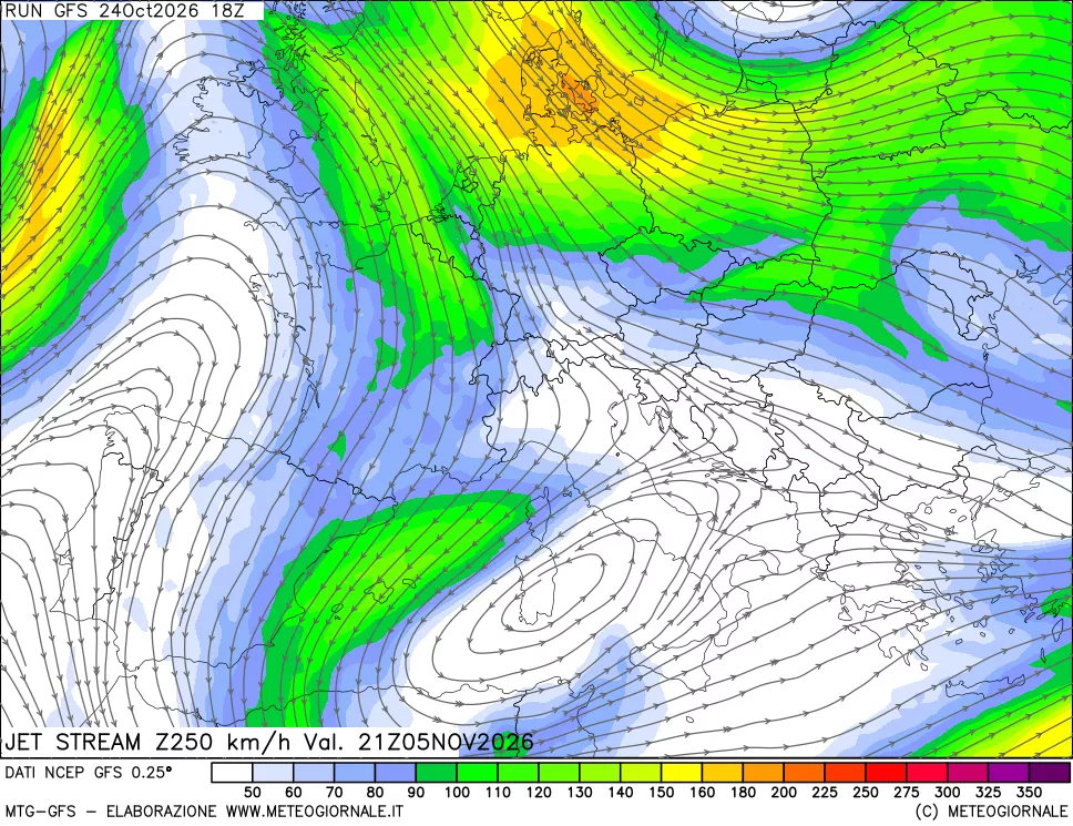 mappa 250 hPa Jet stream