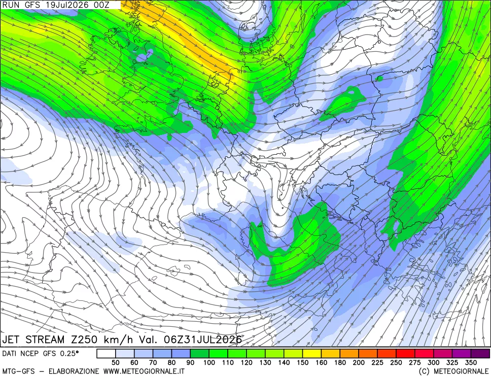mappa 250 hPa Jet stream