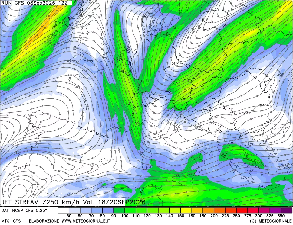 mappa 250 hPa Jet stream