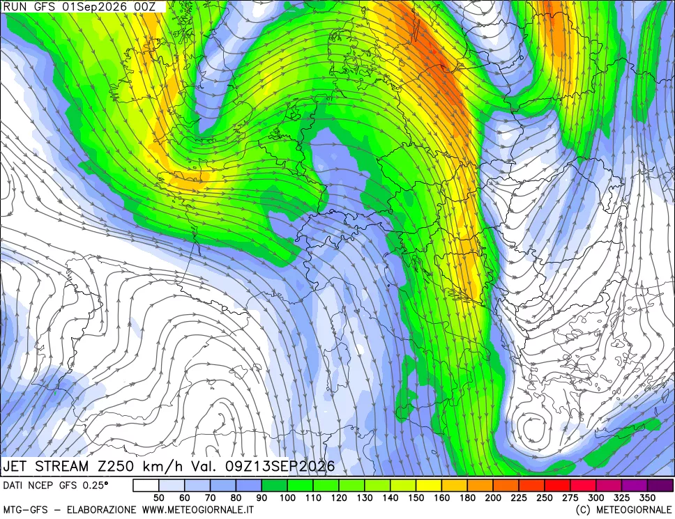 mappa 250 hPa Jet stream