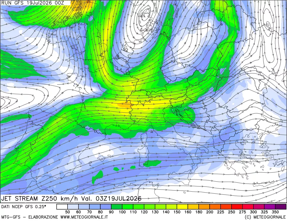 mappa 250 hPa Jet stream