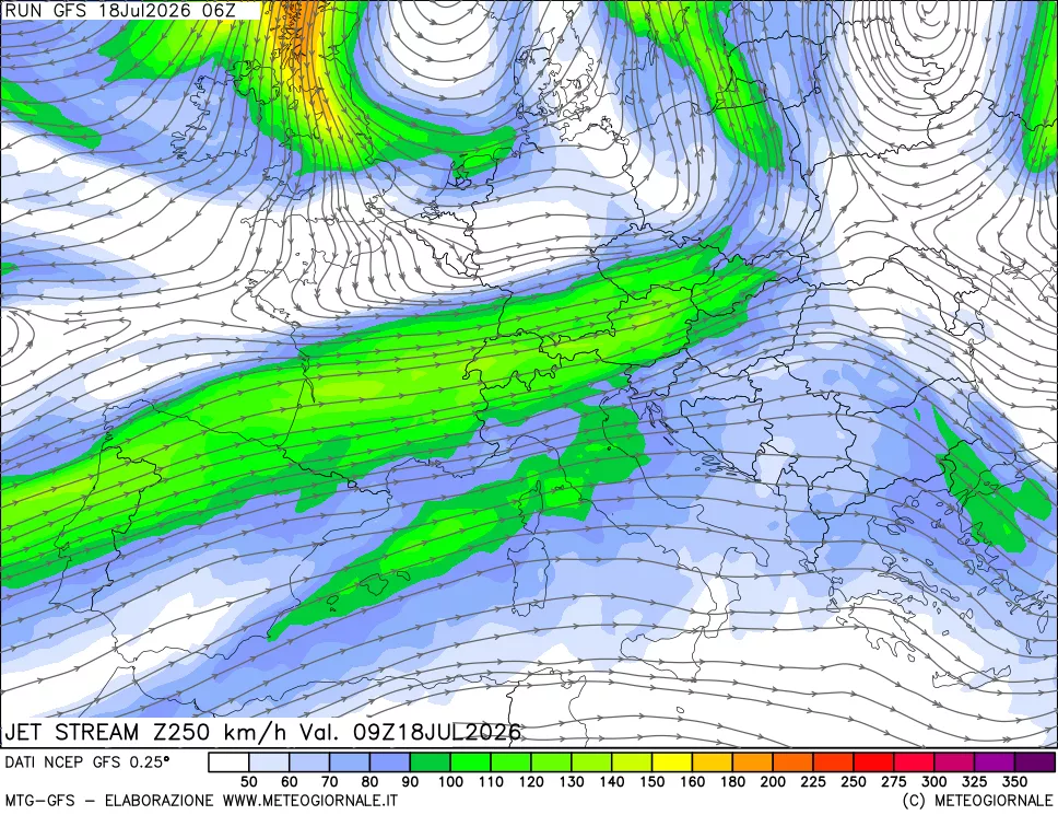 mappa 250 hPa Jet stream