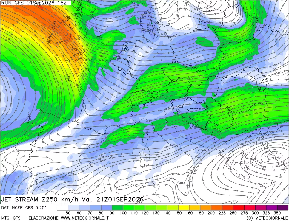 mappa 250 hPa Jet stream