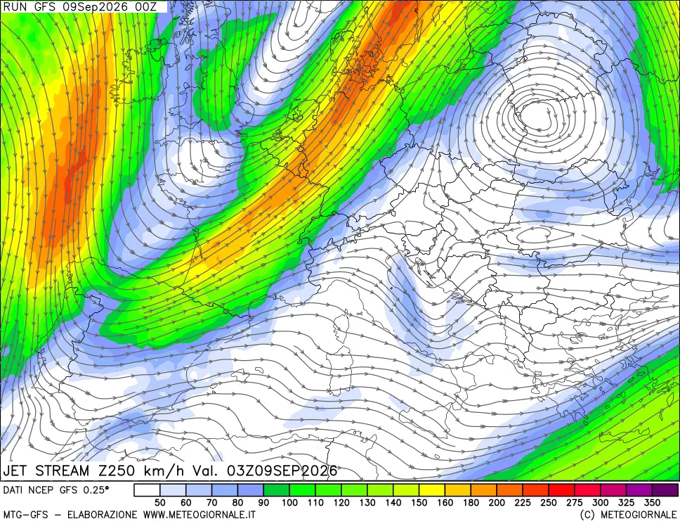 mappa 250 hPa Jet stream