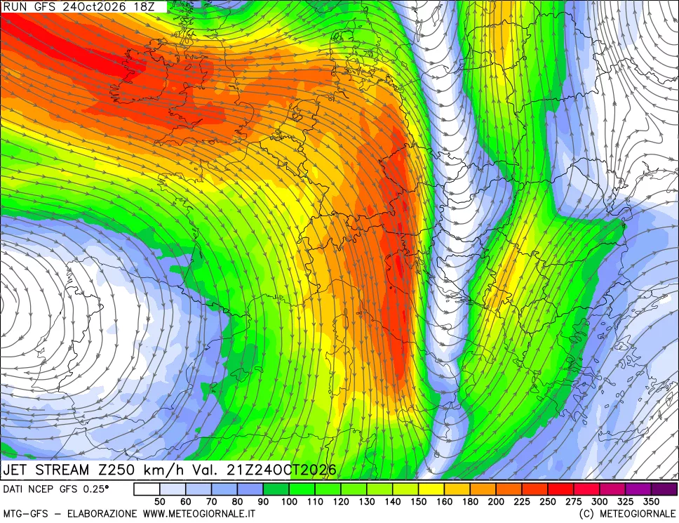 mappa 250 hPa Jet stream