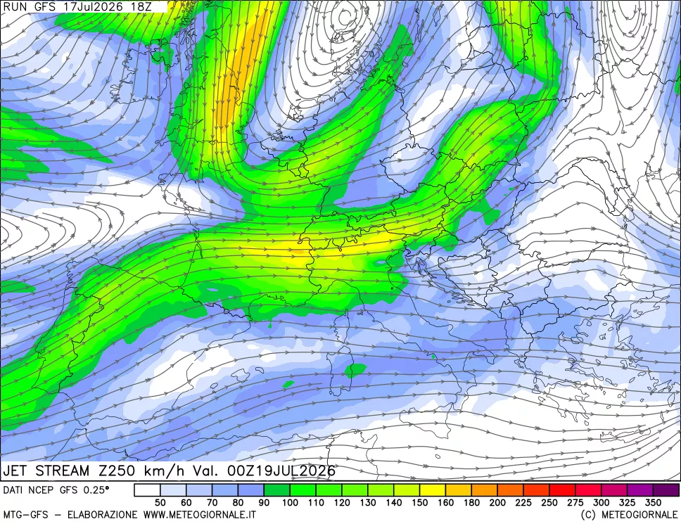 mappa 250 hPa Jet stream