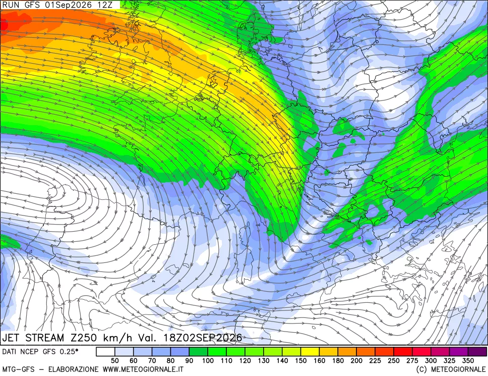 mappa 250 hPa Jet stream