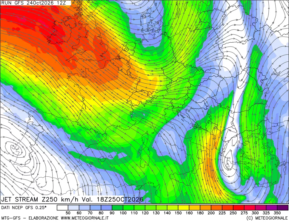 mappa 250 hPa Jet stream